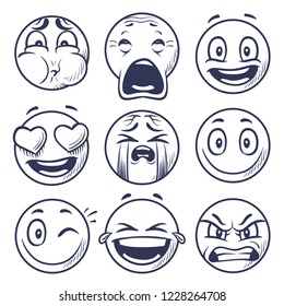 Sketch smiley. Smile expression icons, emoticons faces. Hand draw vector mood characters. Sketch face smiley mood, smile character emoticon illustration