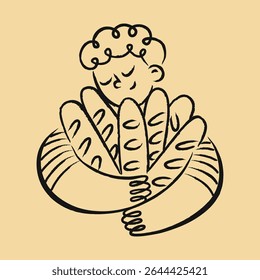Sketch smiling boy with fresh baguettes. Friendly design for bakery bread shop. Perfect for bakery branding, homemade bread packaging and artisan food. Minimal hand drawn ink vector illustration