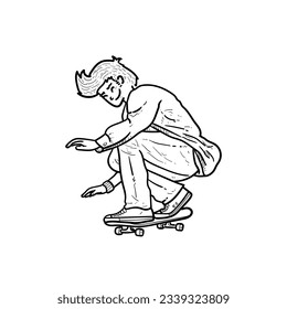 Sketch Smiling Boy or man or guy Enjoy skating with skate board White Background vector modern illustration