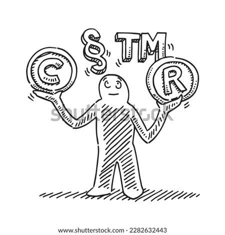 A sketch of a smiling figure juggling copyright, trademark, and registration symbols, conveying intellectual property with a playful tone.