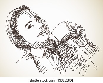 Sketch of smiling girl with tea cup, Hand drawn illustration