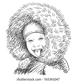 Sketch of smiling girl with tongue sticking out wearing clothes for cold winter weather with fur hood, Hand drawn vector illustration with hatched shades