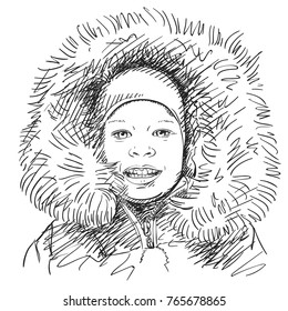 Sketch of smiling girl wearing coat with fur hood, Cold winter fashion, Hand drawn vector illustration with hatched shades