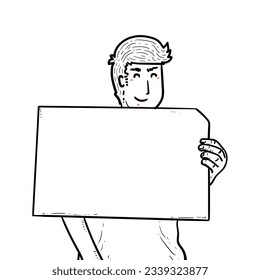 Esbozo Hombre sonriente o niño Mantener afiche o pancarta o papel en blanco para la protesta aislado en el vector de fondo blanco ilustraciones modernas