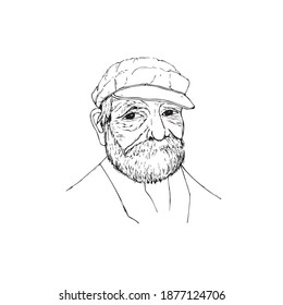 A sketch of a smiling old man with a beard and a cap. vector illustration