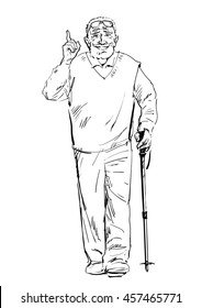 Sketch an smiling old man walking and tracking stick  Fitness for elderly people  Active senior is hiking   talking pointing finger up  Hand drawn vector illustration isolated 