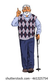 Sketch of an smiling old man walking with a tracking stick. Fitness for elderly people. Active senior is hiking and talking pointing finger up. Hand drawn vector illustration isolated.