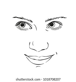 Sketch of smiling teenage girl face with eyes looking up right, Vector sketch close up, Hand drawn illustration