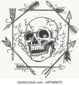 Sketch smoke skull and feather arrows frame vector design