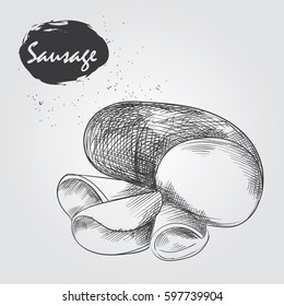 Sketch smoked boiled sausage on white background. Hand drawn meat elements Retro style poster with cow banner vector illustration. Use for butcher shop, livestock farm.
