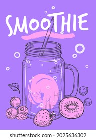 Sketch smoothie flyer. Fresh juice bar banner, vegan vitamin and healthy drinks from fruits and berries in jar, detox lifestyle vector poster