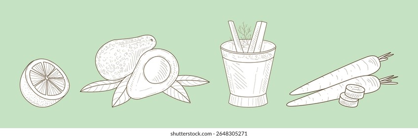 Esboço Smoothie Ingrediente e Healthy Product Vetor Set