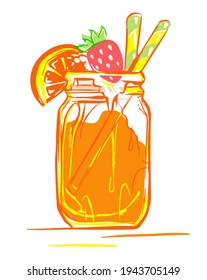 Skizze Smoothie einzeln Vektorgrafik in einer Glasflasche mit Stroh. Frische Fruchtsmoothie mit Orange, Erdbeere und Stöcken. Gesunder Lebensstil. Farbige, handgezeichnete Illustration.
