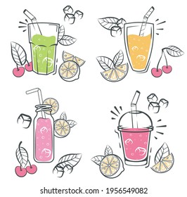 Sketch smoothie set. Fresh organic Smoothie ingredients. Superfoods and health or detox diet food
