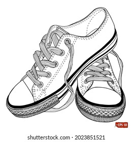 Sketch of sneakers. Hand drawn ink vector illustration of shoes for men, women, children. Elements for label.