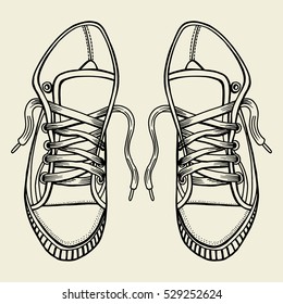 Sketch sneakers,vector illustration isolated on beige background, hand drawn, top view