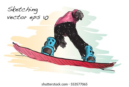 sketch of Snow board man riding, Winter Sport, Snowboarding collection, free hand draw illustration vector