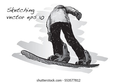 sketch of Snow board man riding, Winter Sport, Snowboarding collection, free hand draw illustration vector