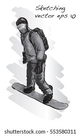 sketch of Snow board man riding, Winter Sport, Snowboarding collection, free hand draw illustration vector