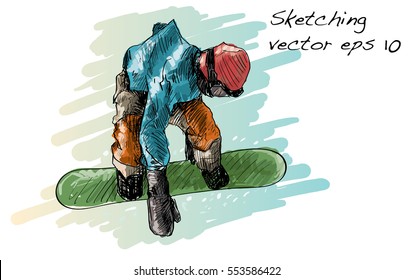 sketch of Snow board man riding, Winter Sport, Snowboarding collection, free hand draw illustration vector