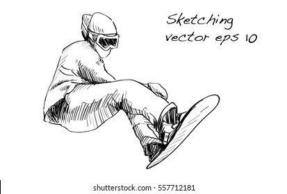 sketch of Snow board man riding, Winter Sport, Snowboarding collection, free hand draw illustration vector