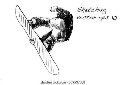 sketch of Snow board man riding, Winter Sport, Snowboarding collection, free hand draw illustration vector