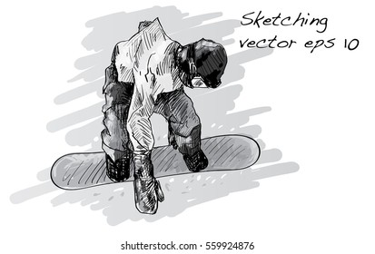 sketch of Snow board man riding, Winter Sport, Snowboarding collection, free hand draw illustration vector
