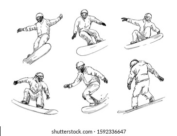 Sketch of snowboarders. Set of vector outlines with transparent background. 