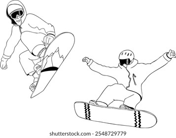 Skizze von Snowboardern. Vektorgrafik. Isolierte Abbildungen.