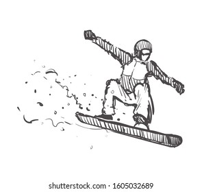 Sketch of Snowboarding, sport and active lifestyle. Snowboarder hand drawn isolated on white background. Vector design illustration.