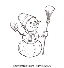 A sketch of a snowman with a bucket on his head and a broom in his hand. Vector illustration.