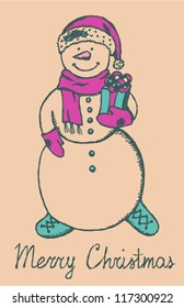 Sketch snowman with present, vector postcard
