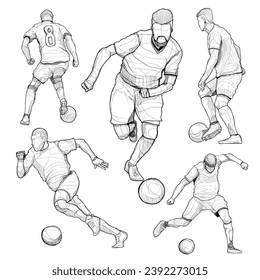 Sketch of soccer player in action. Sport vector illustration.