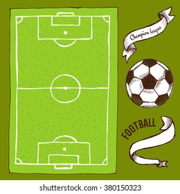 Sketch soccer set in vintage style, vector