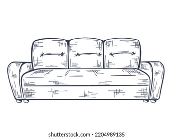 Sketch Sofa Isolated On White Background. Hand Engraved Homemade Upholstered Furniture Couch. Leisure Room Furniture Clipart Vector Illustration