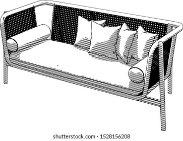 sketch of a sofa with pillows with a hatching white background vector