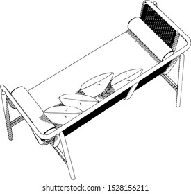 sketch of a sofa with pillows with a hatching white background vector