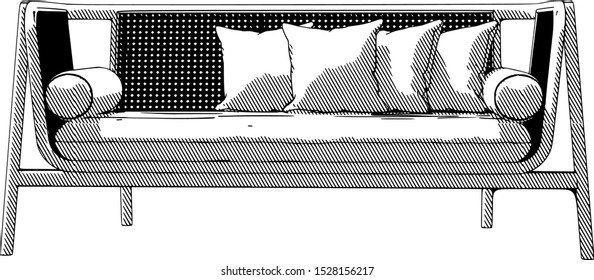 sketch of a sofa with pillows with a hatching white background vector