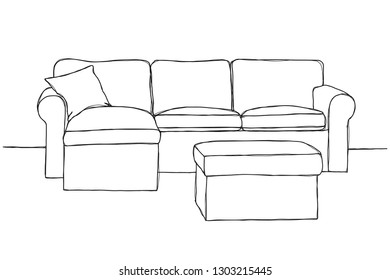 Sketch sofa with pouf isolated on white background. Vector illustration