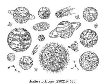 Sketch solar system planets. Hand drawn comet, moon, star, galaxy and space objects vector illustration set of planet earth, astronomy solar, system orbit sketch