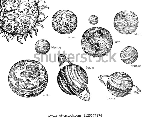 Sketch solar\
system planets. Mercury, venus, earth, mars, jupiter, saturn,\
uranus and neptune in hand drawn engraving style vector set.\
Planets collection abstract\
illustrations