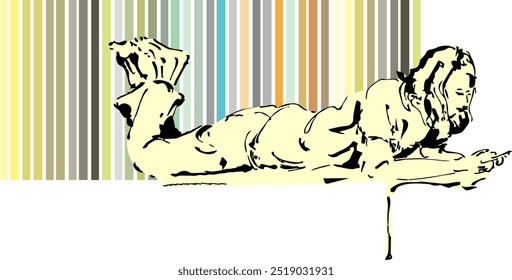 sketch of someone playing a cellphone. combination of white object and colorful horizontal as a background. good for sketch book, calendar, cover book, coloring book - illustration vector graphic