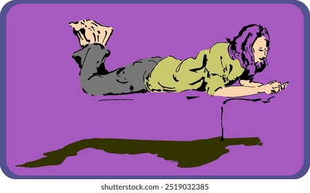 esboço de alguém jogando um telefone celular com a combinação de objeto colorido, sombra e retângulo roxo, roxo escuro como um fundo - ilustração gráfico vetorial