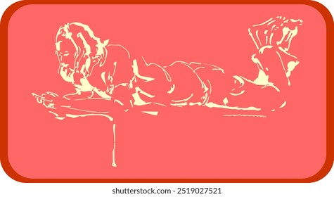 sketch of someone playing on a cellphone with combination of silhouette white and on red color background. good for sketch book, calendar, cover book, etc - illustration vector graphic