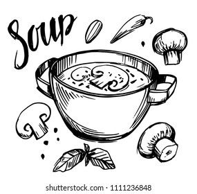 Sketch of soup with mushrooms. Vector