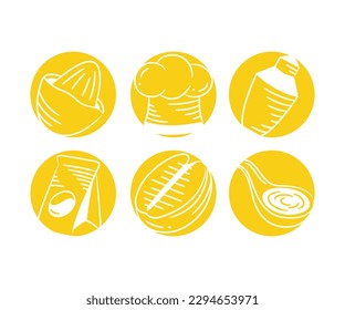 sketch soup spoon, coffee bag, chef hat and almond in yellow buttons