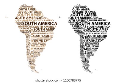 Sketch South America letter text continent, South America word - in the shape of the continent, Map of continent South America - black and brown vector illustration