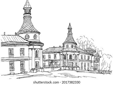 Sketch of a South east towers the service staff of former the Cheryomushki manor in the fall, Moscow, Russia