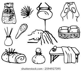 Sketch Spa care Vector set icon on isolated background. Naive Linear contour illustration medicine detox for logotype or contemporary design. Black and white contour drawing massage.