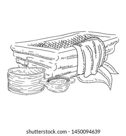 Sketch of spa objects. Bammboo basket, candle and leaves - Vector